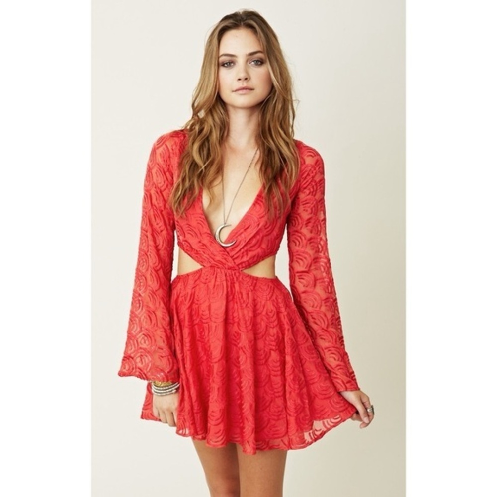 For Love And Lemons Valeria Cutout Boho Silk Red Mini Bell Sleeve Dress Small